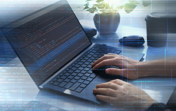 Software apps developer and IT revolution.Digital software development. Programmer working on javascript computer code with virtual screen. Programming code technology