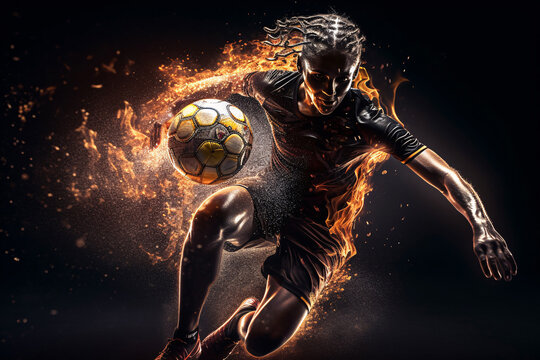 Athletes in athletic motion are surrounded by fire, water and glowing light, Generative AI