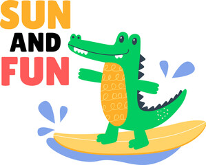 Cartoon summer cute kawaii  Crocodile. Sun and fun