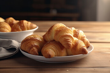 Fresh croissants on a white plate in the kitchen. Ai generative