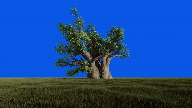 Baobab single tree against the blue sky, Blue Screen, Chromakey, 4K