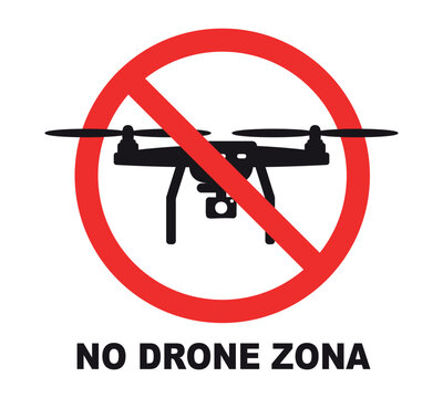 A no-go zone sign for drones and drones. Flat design drone icon with action camera. Drone flying is forbidden. Isolated vector illustration of no flying.