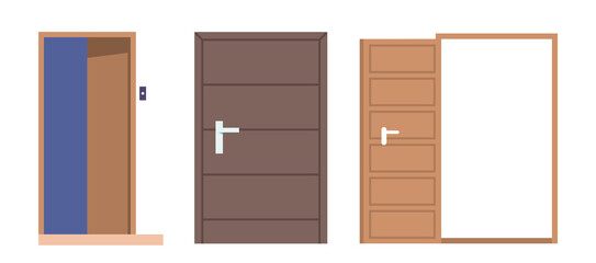 Open and Closed Home Doors Isolated on White Background. House Entrance, Facade or Interior Decorative Elements