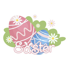 Easter background with decorated eggs, spring flowers, leaves and calligraphic text Happy Easter. The vector image is drawn by hand. Design post, poster, applique, social media, banner, flyer.