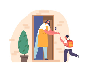 Joyful Mother Meeting Her School-aged Son At Home Doorway. Heartwarming Moment Of Familial Love For Parenting