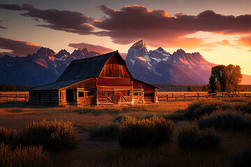 Moulton barn, Grand Teton National Park landscape at sunset imagined by AI - obrazy, fototapety, plakaty