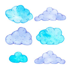 Handdrawn watercolor set of clouds for children's textile. Scrapbook design, poster, label, card.