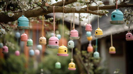Naklejka premium Easter decoration featuring a cluster of pastel-colored birdhouses, hanging from a tree branch with a soft-focus garden background.