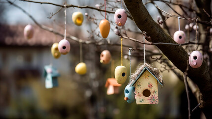 Easter decoration featuring a cluster of pastel-colored birdhouses, hanging from a tree branch with a soft-focus garden background.