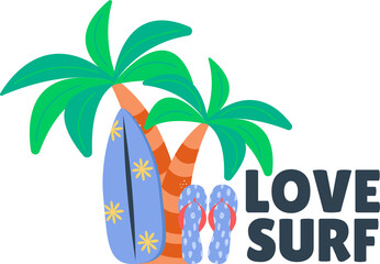 Summer doodle badge label design with lettering love surf