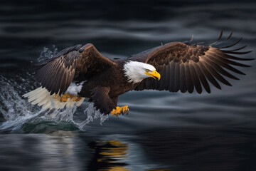 Obraz premium Bald Eagle Flying and Hunting Over Water, high quality generative ai