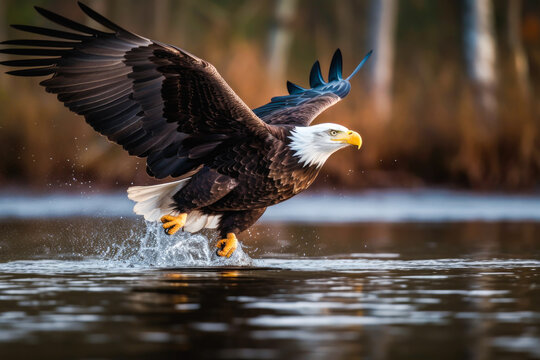 Bald Eagle Flying and Hunting Over Water, high quality generative ai