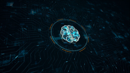 Motion graphic of Blue digital brain logo and futuristic technology circle HUD with circuit board and data transfer on abstract background perspective