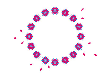 Hot pink wreath of  flower, flowers frame. Background with hot pink and blue flowers for social media template, cards, wedding invitations.