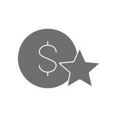 Coin with star, star rating, feedback grey fill icon. Finance, payment, invest finance symbol design.