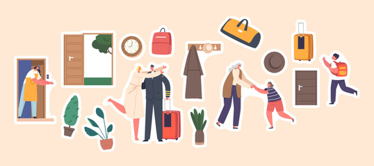 Set of Stickers People Returning at Home. Mother Meet Little School Boy, Pilot with Luggage Hugging Wife