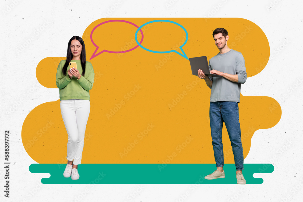 Poster collage picture of two positive people use netbook smart phone chatting dialogue bubble isolated on 