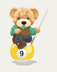 Vector illustration of cute teddy bear in billiard player costume holding billiard stick sitting on big billiard ball