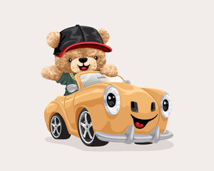 Vector illustration of cute teddy bear on car
