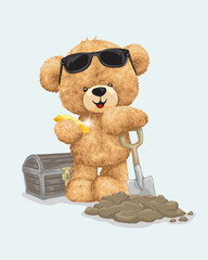 Vector illustration of teddy bear holding gold, digging treasure with shovel