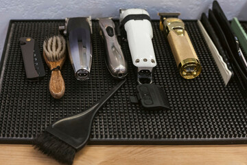 Close-up. set of hairdresser or barber tools lying on a table.