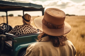 Traveler woman on a safari in Africa, view from behind. Wilderness, truck, hat and a backpack. High quality generative ai