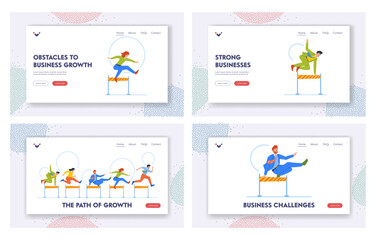Fototapeta na wymiar Business Growth Landing Page Template Set. People Running, Male Female Characters Competing In Race With Obstacles