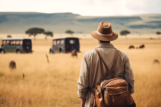 Traveler man on a safari in Africa, view from behind. Wilderness, trucks, hat and a backpack. High quality generative ai