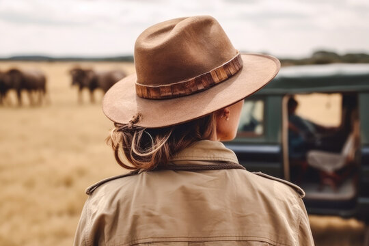 Traveler woman on a safari in Africa, view from behind. Wilderness, hat and a backpack. High quality generative ai
