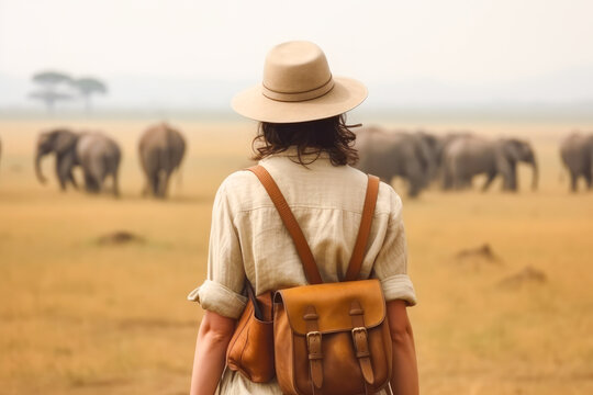 Traveler woman on a safari in Africa, view from behind. Wilderness, hat and a backpack. High quality generative ai