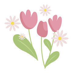 Cute garden flowers, tulips and daisies isolated on white background. Vector modern illustration in a simple, flat style. Design post, poster, applique, social media, banner, flyer.