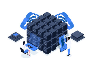 Using artificial intelligence for medical data mining, a powerful tool for analyzing large amounts of data to improve healthcare outcomes. Artificial intelligence in healthcare isometric illustration.