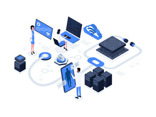 Doctors and researchers using innovative technologies for medicine and healthcare: artificial intelligence in healthcare isometric illustration
