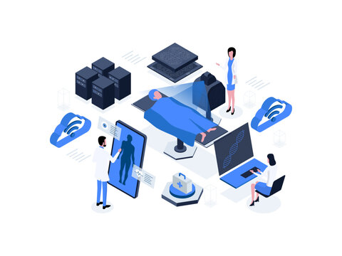 The innovative concept of healthcare involves an AI robot utilizing medical applications to examine a patient in a hospital: artificial intelligence in healthcare isometric illustration