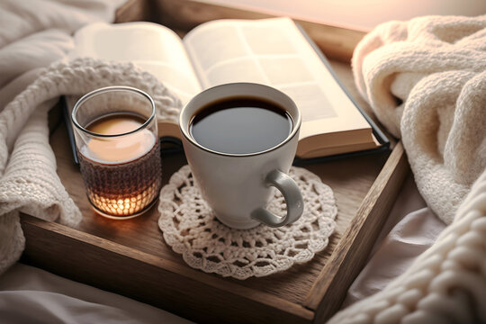 Cup of coffee and candle on a rustic wooden tray. Tray propped up on the bed whit a book, Cozy bed with knitted woolen blanket top view, romantic breakfast blogger, generative ai