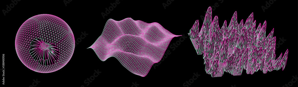 Poster Set of 3D glitched planes made of mesh. Generative art plots for data visualization and analysis subjects. 