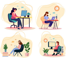 Embracing the work-from-home lifestyle. Employees collaborate via video calls, discussing projects and attending online briefings with coworkers in a webcam-based group conference. Flat style vector