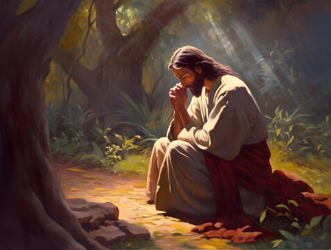 Jesus Christ praying in the garden of Gethsemane, oil painting created Generative Ai.