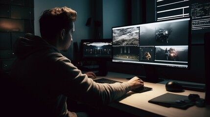 A graphic designer from behind working on his computer with creative artwork and design displayed on the screen Generative AI