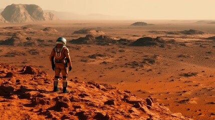 An astronaut standing on the surface of Mars, with the barren red landscape stretching out to the horizon and the curved shape of the planet visible in the sky Generative AI