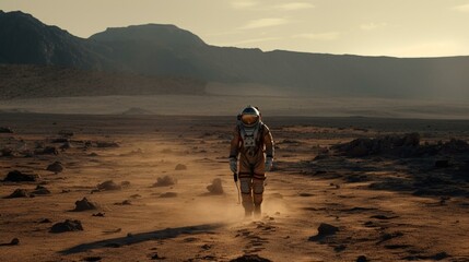 An astronaut walking on the dusty and desolate surface of Mercury, with the blazing sun visible in the sky and the scorched surface stretching out in all directions Generative AI