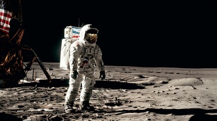 An astronaut standing on the cratered surface of the Moon, with Earth visible in the sky and the American flag planted in the foreground Generative AI