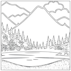 Fototapeta premium Nice Mountain, river and Sky landscape coloring Book. Vector illustration.