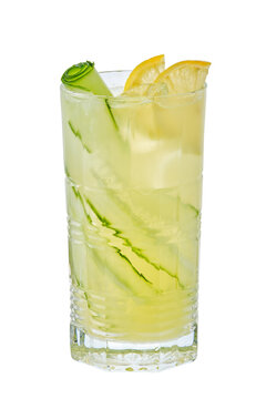 Tall glass of cold lemon and cucumber fruit lemonade
