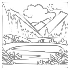 Nice Mountain, river and Sky landscape coloring Book. Vector illustration.