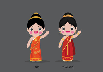 Obraz na płótnie Canvas Laos and Thailand in national dress vector illustrationa