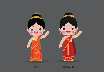 Laos and Thailand in national dress vector illustrationa