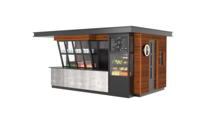 Deurstickers 3d illustration kiosk stand booth market cart for selling product food drink coffee stall for advertising and mockup, A rendering of a food kiosk that has a black roof and a black panel © 2D