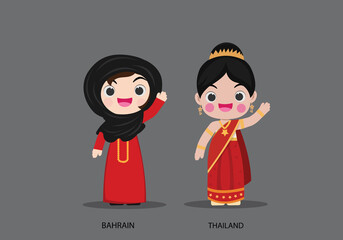 Bahrain and Thailand in national dress vector illustrationa