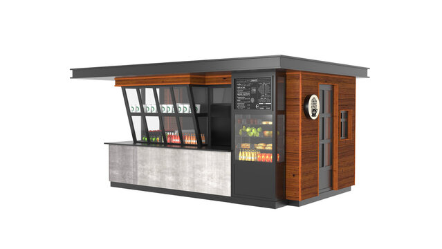 3d illustration kiosk stand booth market cart for selling product food drink coffee stall for advertising and mockup, A rendering of a food kiosk that has a black roof and a black panel